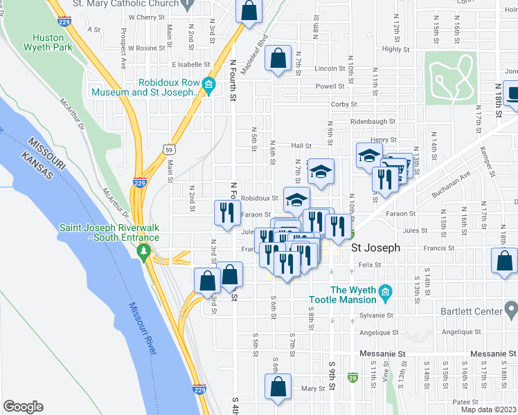 map of restaurants, bars, coffee shops, grocery stores, and more near 501 Faraon Street in Saint Joseph