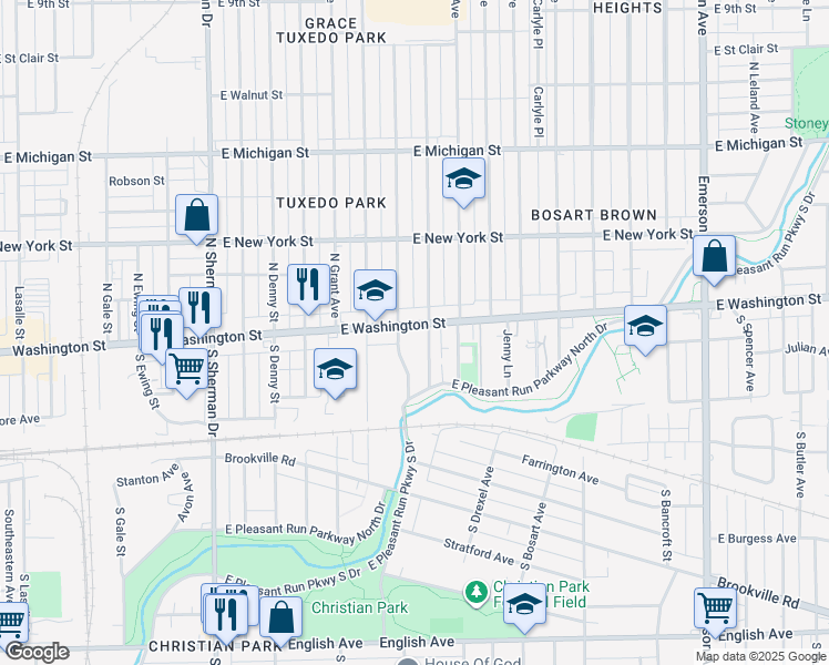 map of restaurants, bars, coffee shops, grocery stores, and more near 4317 East Washington Street in Indianapolis