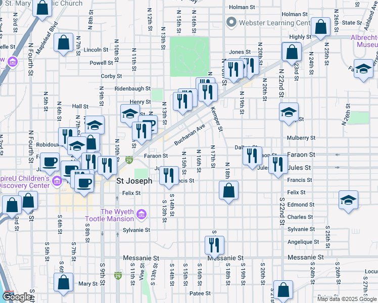 map of restaurants, bars, coffee shops, grocery stores, and more near 1509 Faraon Street in Saint Joseph