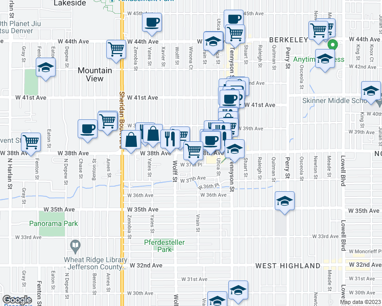 map of restaurants, bars, coffee shops, grocery stores, and more near W 38th Ave & Winona Ct in Denver