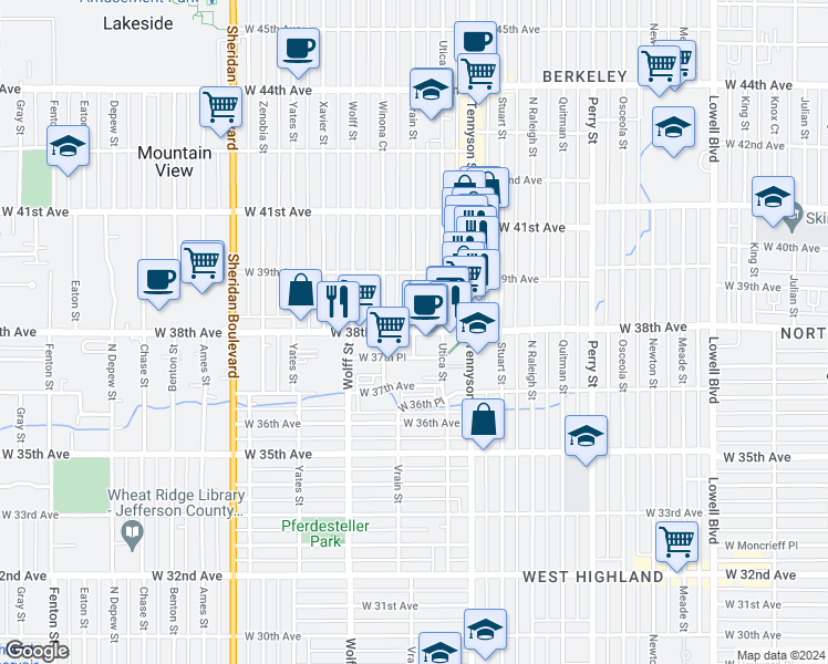 map of restaurants, bars, coffee shops, grocery stores, and more near W 38th Ave & Vrain St in Denver