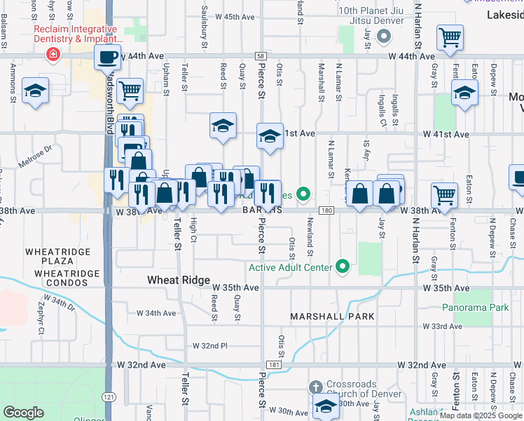 map of restaurants, bars, coffee shops, grocery stores, and more near W 38th Ave & Pierce St in Wheat Ridge