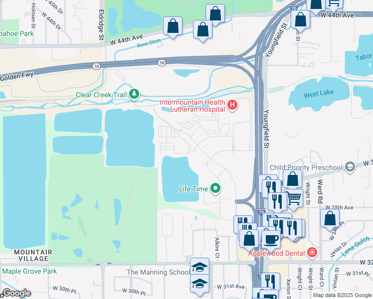 map of restaurants, bars, coffee shops, grocery stores, and more near 4051 Clear Creek Drive in Golden