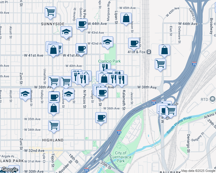 map of restaurants, bars, coffee shops, grocery stores, and more near 3805 Mariposa St in Denver