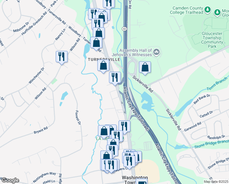 map of restaurants, bars, coffee shops, grocery stores, and more near 301 Highway 168 in Washington Township