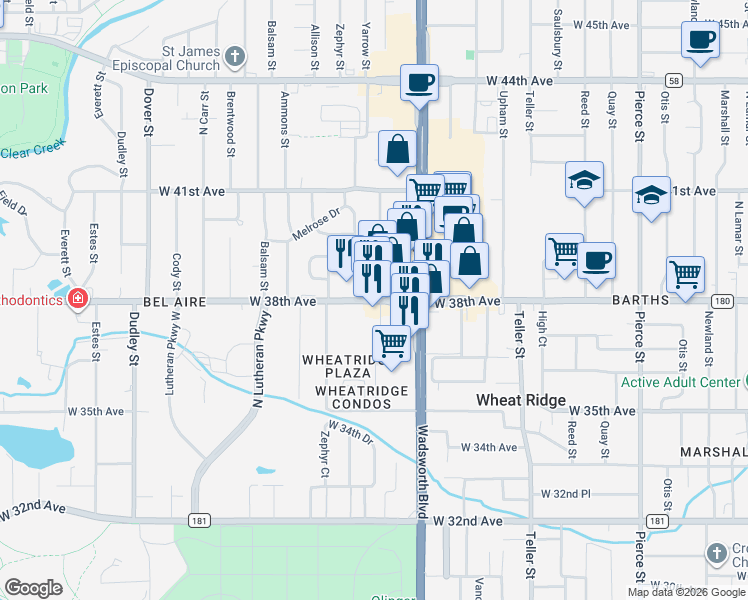 map of restaurants, bars, coffee shops, grocery stores, and more near 7770 West 38th Avenue in Wheat Ridge