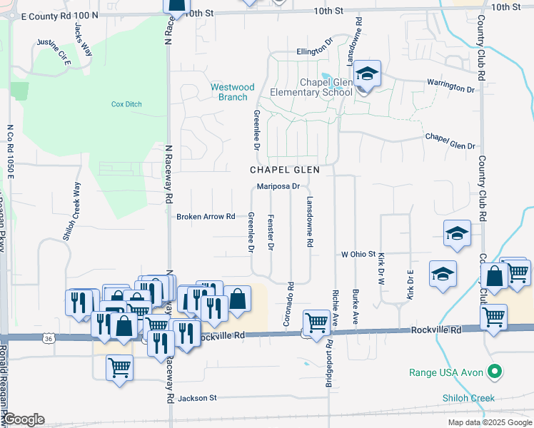 map of restaurants, bars, coffee shops, grocery stores, and more near 279 Fenster Drive in Indianapolis