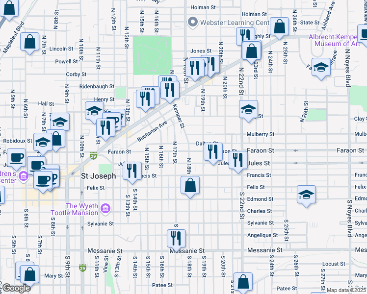 map of restaurants, bars, coffee shops, grocery stores, and more near 1715 Faraon Street in Saint Joseph