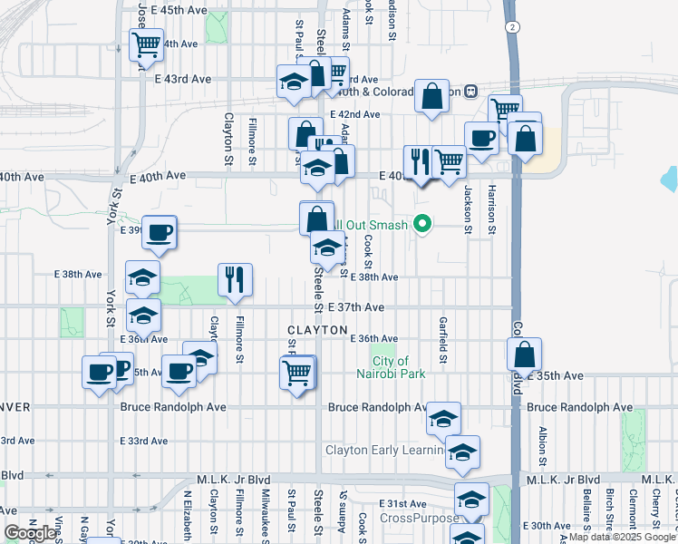 map of restaurants, bars, coffee shops, grocery stores, and more near 3801 Adams Street in Denver