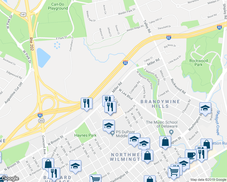 map of restaurants, bars, coffee shops, grocery stores, and more near 3846 Miller Road in Wilmington