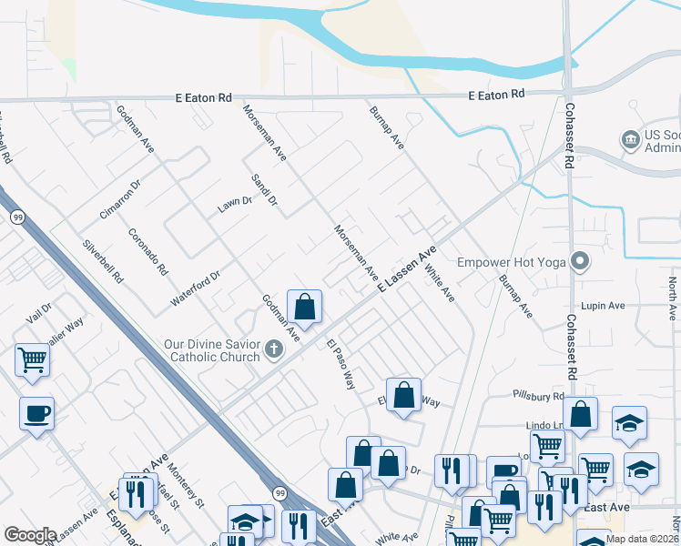 map of restaurants, bars, coffee shops, grocery stores, and more near 2875 Morseman Avenue in Chico