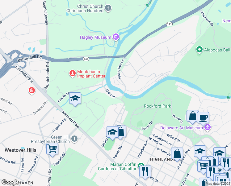 map of restaurants, bars, coffee shops, grocery stores, and more near 5 Main Street in Wilmington