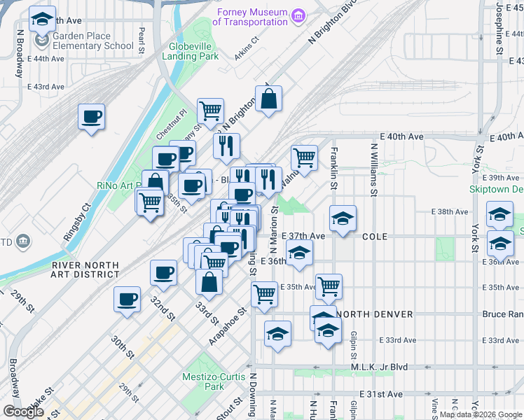 map of restaurants, bars, coffee shops, grocery stores, and more near 3702 Walnut Street in Denver