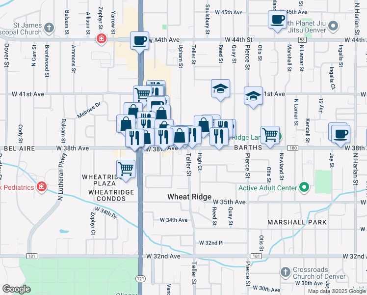 map of restaurants, bars, coffee shops, grocery stores, and more near 7251 West 38th Avenue in Wheat Ridge