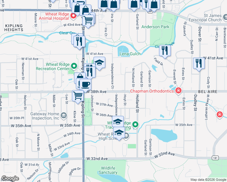 map of restaurants, bars, coffee shops, grocery stores, and more near 9605 West 38th Avenue in Wheat Ridge