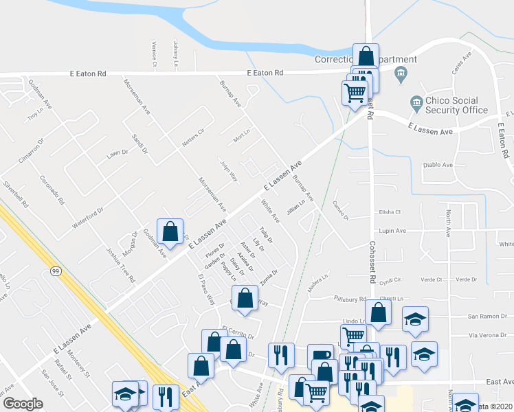 map of restaurants, bars, coffee shops, grocery stores, and more near 2769 White Avenue in Chico