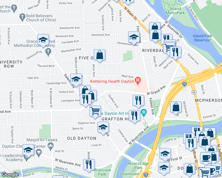 map of restaurants, bars, coffee shops, grocery stores, and more near 410 Grafton Avenue in Dayton