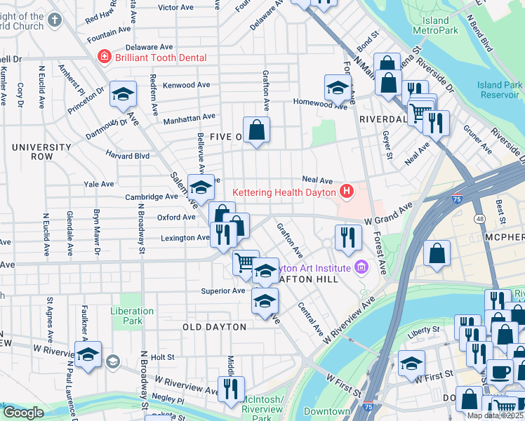 map of restaurants, bars, coffee shops, grocery stores, and more near 633 North Avenue in Dayton