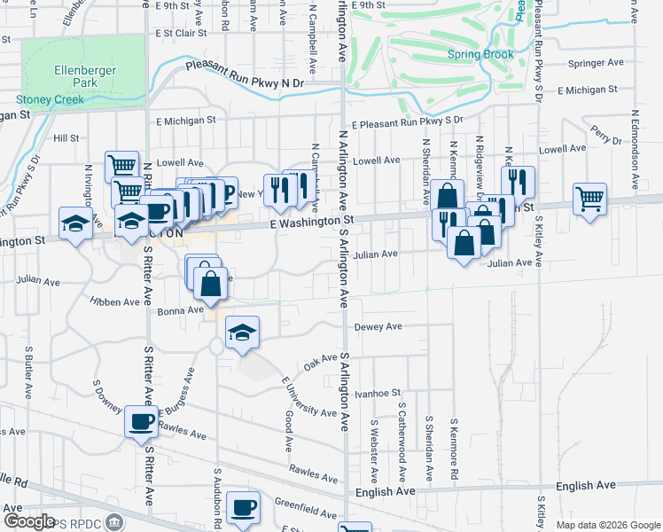 map of restaurants, bars, coffee shops, grocery stores, and more near 107 South Arlington Avenue in Indianapolis