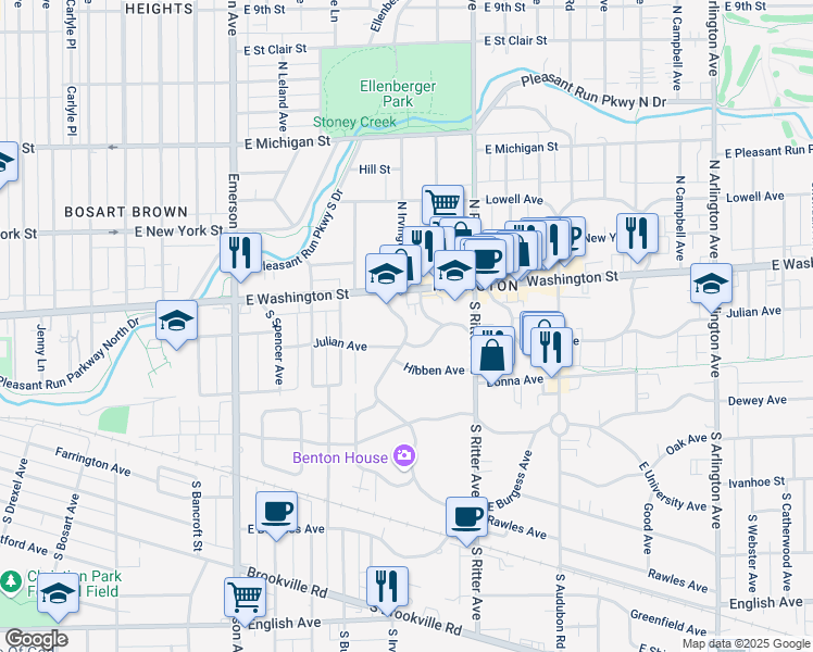 map of restaurants, bars, coffee shops, grocery stores, and more near 53 South Downey Avenue in Indianapolis