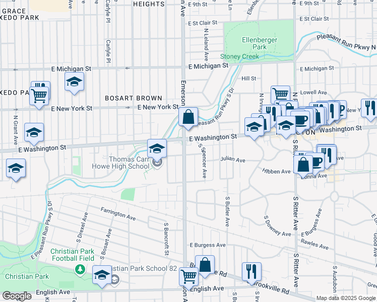 map of restaurants, bars, coffee shops, grocery stores, and more near 24 South Spencer Avenue in Indianapolis