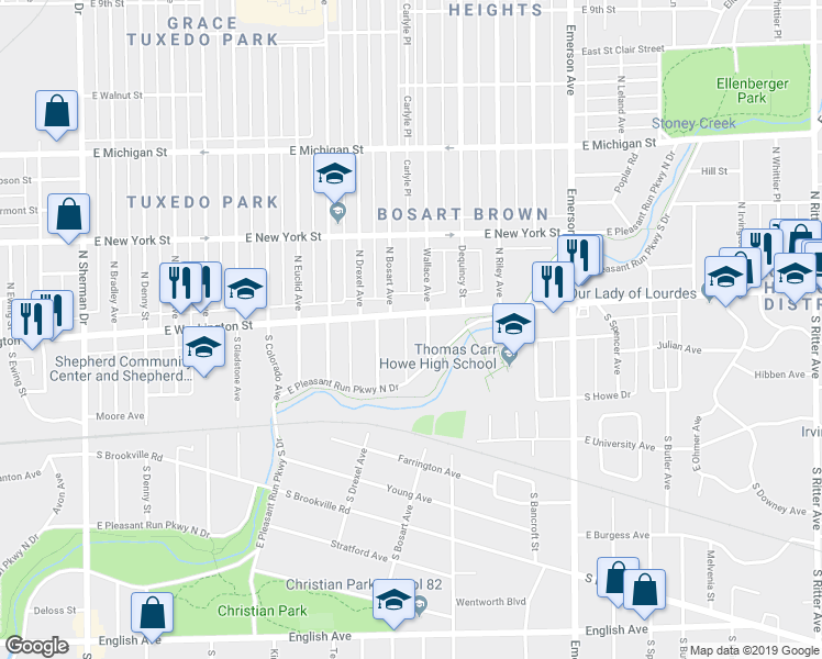 map of restaurants, bars, coffee shops, grocery stores, and more near 4741 East Washington Street in Indianapolis