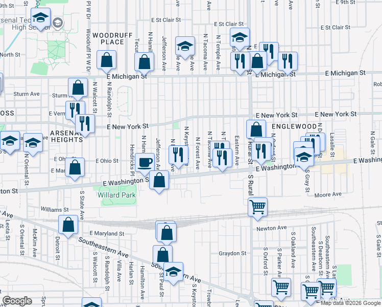 map of restaurants, bars, coffee shops, grocery stores, and more near 52 North Forest Avenue in Indianapolis