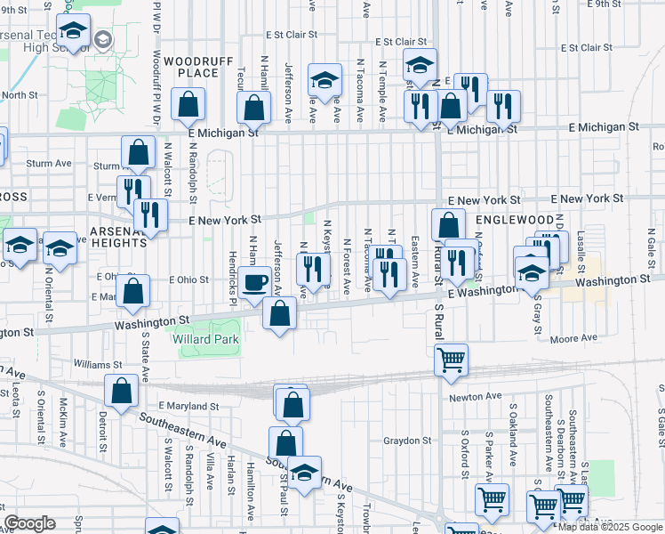 map of restaurants, bars, coffee shops, grocery stores, and more near 52 North Forest Avenue in Indianapolis