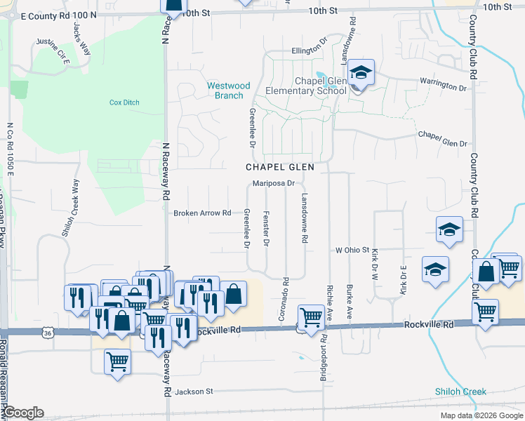 map of restaurants, bars, coffee shops, grocery stores, and more near 279 Fenster Drive in Indianapolis