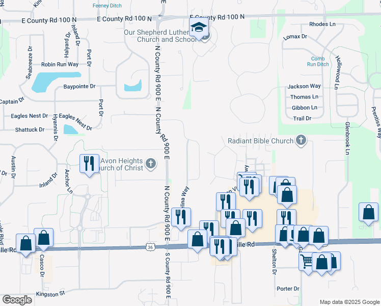 map of restaurants, bars, coffee shops, grocery stores, and more near 428 Dylan Drive in Avon