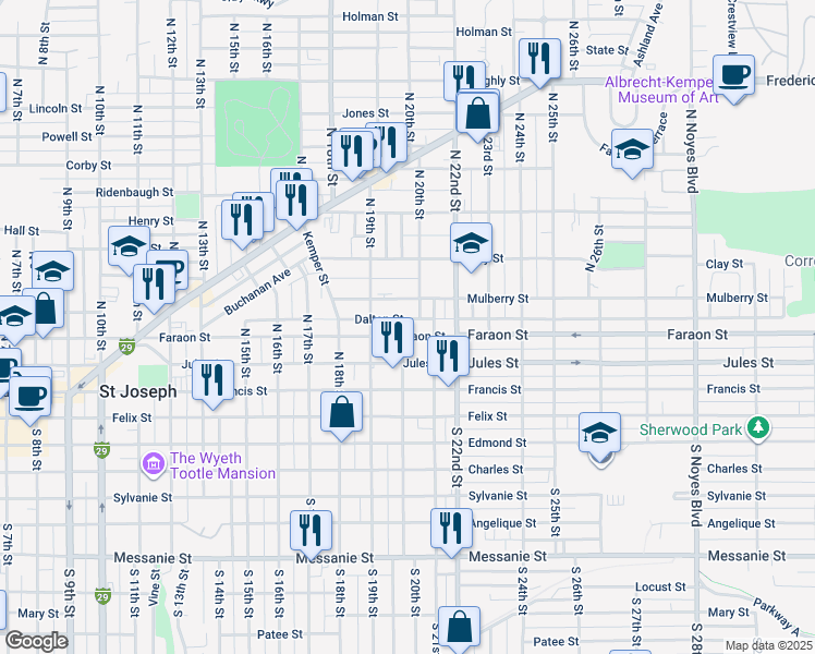 map of restaurants, bars, coffee shops, grocery stores, and more near 2001 Faraon Street in Saint Joseph