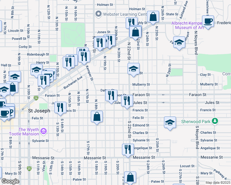 map of restaurants, bars, coffee shops, grocery stores, and more near 2001 Faraon Street in Saint Joseph