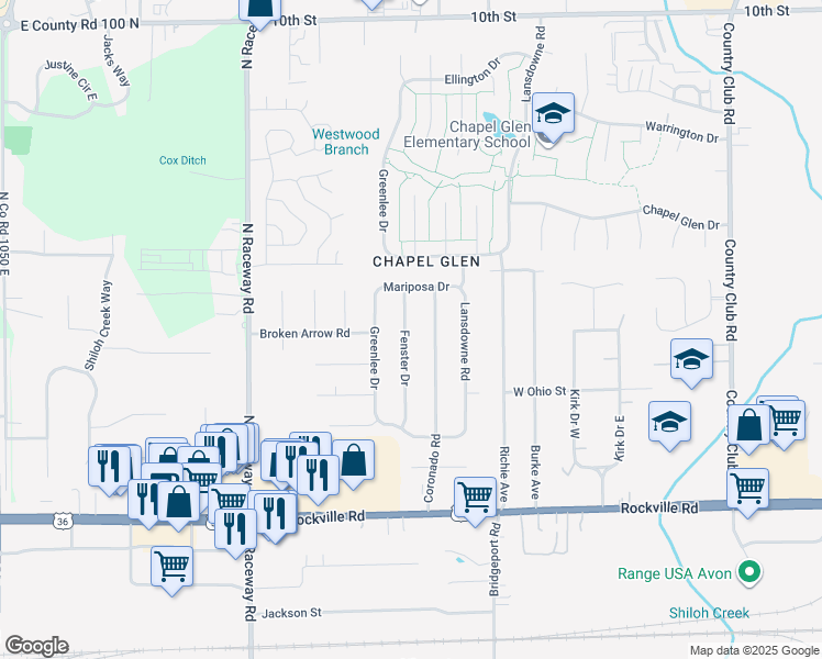 map of restaurants, bars, coffee shops, grocery stores, and more near 279 Fenster Drive in Indianapolis