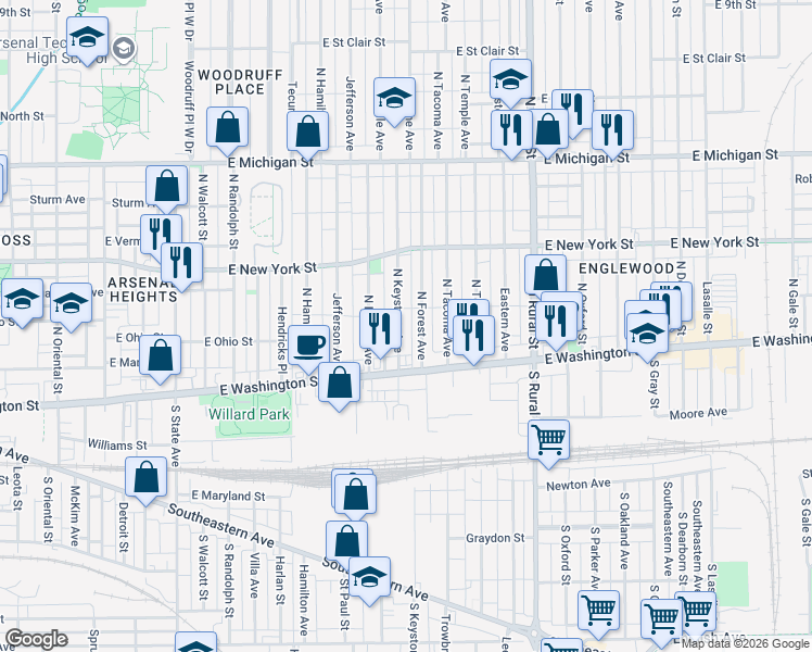 map of restaurants, bars, coffee shops, grocery stores, and more near 52 North Forest Avenue in Indianapolis