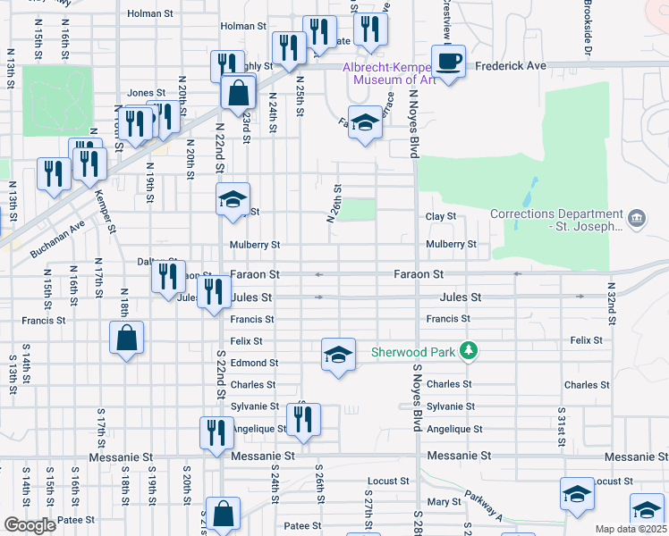 map of restaurants, bars, coffee shops, grocery stores, and more near 2531 Faraon Street in Saint Joseph
