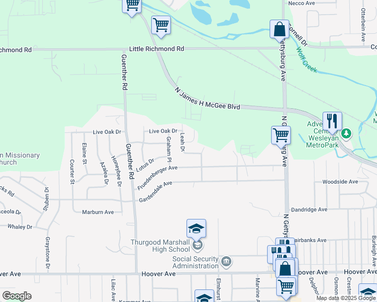 map of restaurants, bars, coffee shops, grocery stores, and more near 1566 Leah Drive in Dayton