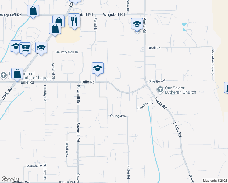 map of restaurants, bars, coffee shops, grocery stores, and more near 1642 Bille Road in Paradise
