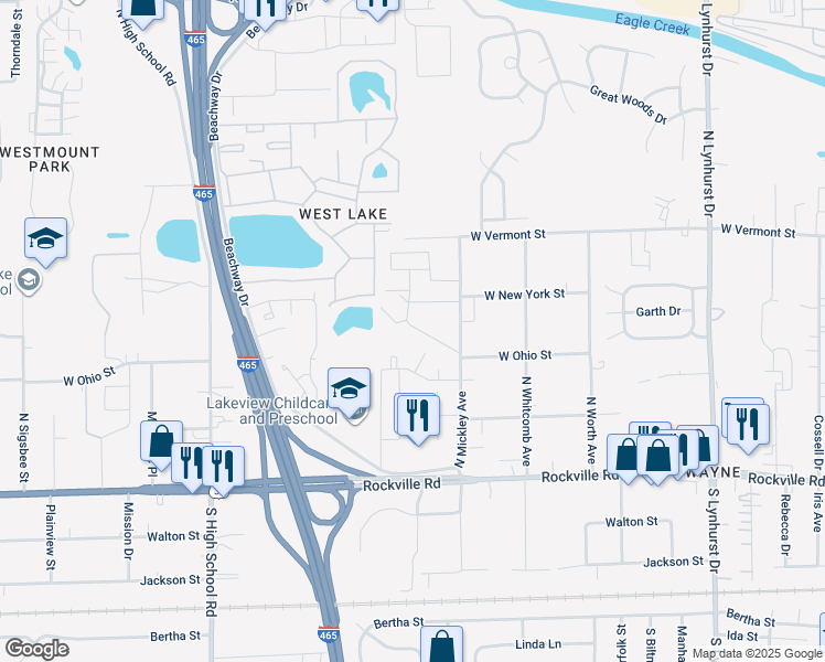 map of restaurants, bars, coffee shops, grocery stores, and more near 5719 Port Irving Drive in Indianapolis
