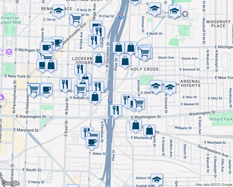 map of restaurants, bars, coffee shops, grocery stores, and more near 903 East Ohio Street in Indianapolis