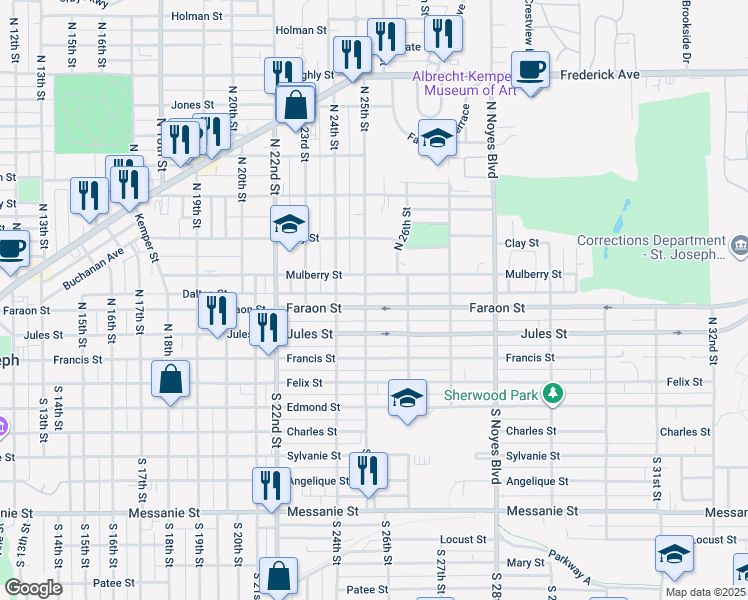 map of restaurants, bars, coffee shops, grocery stores, and more near 2503 Faraon Street in Saint Joseph