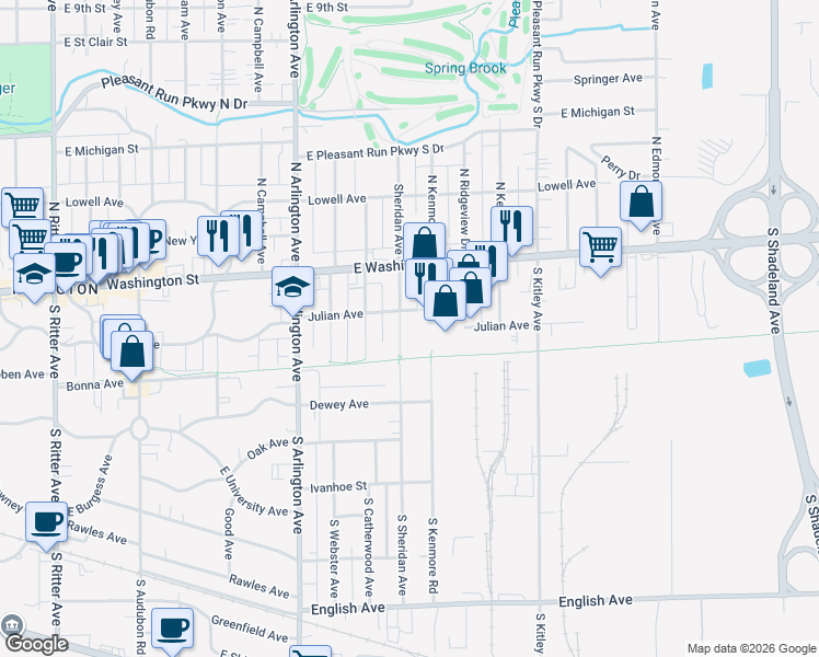 map of restaurants, bars, coffee shops, grocery stores, and more near 115 South Sheridan Avenue in Indianapolis
