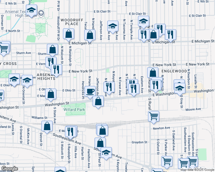 map of restaurants, bars, coffee shops, grocery stores, and more near 49 North Beville Avenue in Indianapolis