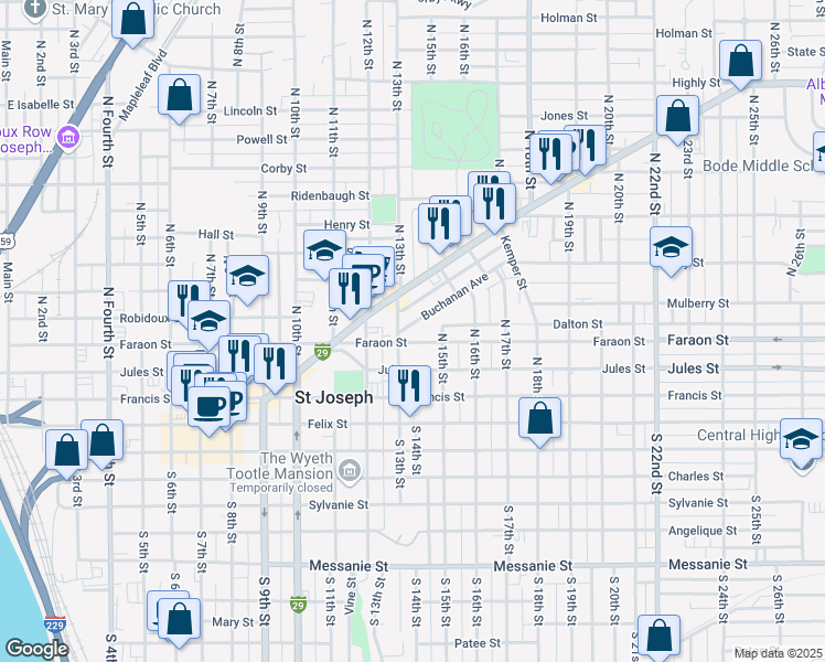 map of restaurants, bars, coffee shops, grocery stores, and more near 1314 Buchanan Avenue in Saint Joseph