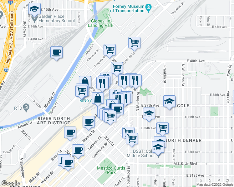 map of restaurants, bars, coffee shops, grocery stores, and more near 3601 Blake Street in Denver