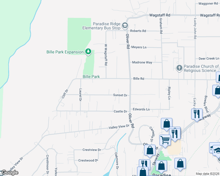 map of restaurants, bars, coffee shops, grocery stores, and more near 6160 Beacon Court in Paradise