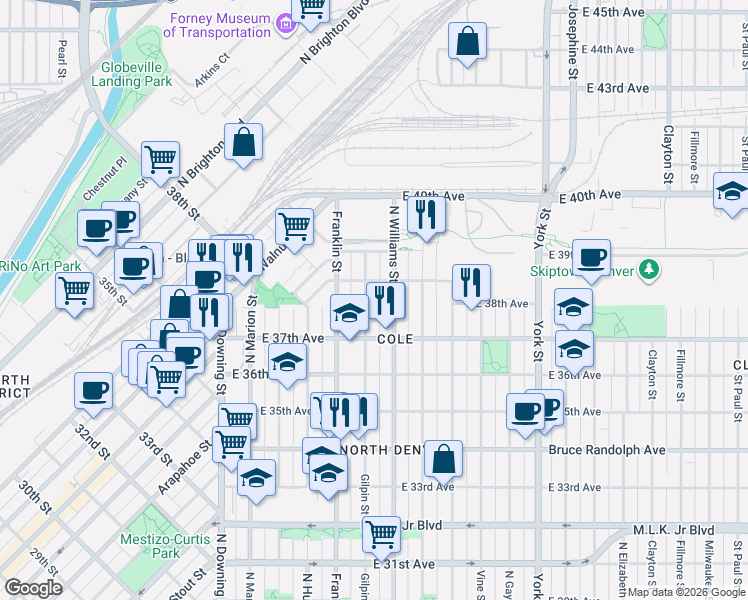 map of restaurants, bars, coffee shops, grocery stores, and more near 3774 Gilpin Street in Denver