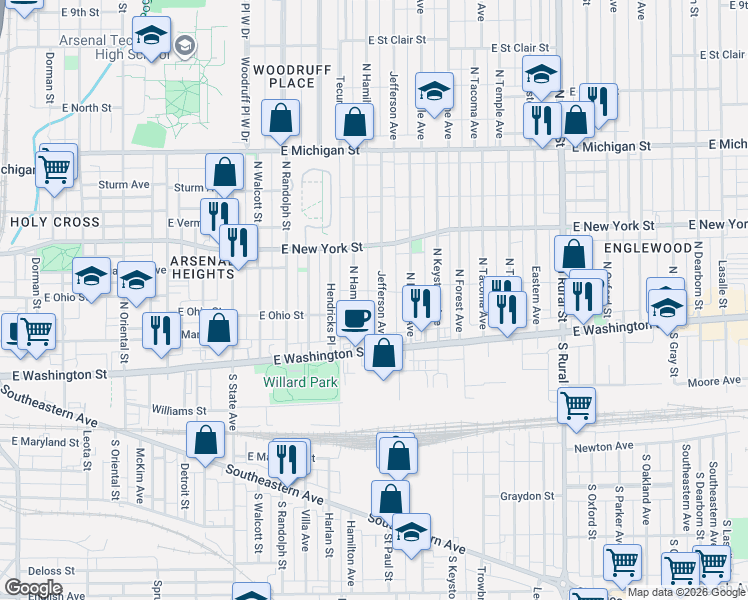 map of restaurants, bars, coffee shops, grocery stores, and more near 49 Jefferson Avenue in Indianapolis