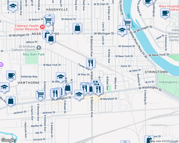 map of restaurants, bars, coffee shops, grocery stores, and more near 232 North Belmont Avenue in Indianapolis