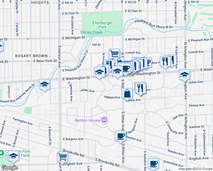 map of restaurants, bars, coffee shops, grocery stores, and more near 53 S Downey Ave in Indianapolis