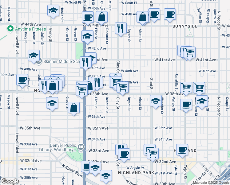 map of restaurants, bars, coffee shops, grocery stores, and more near 2709 West 38th Avenue in Denver